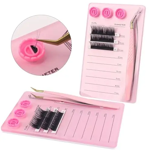 Mekupeu Acrylic Eyelash Extension Pallet Kits, Grafting False Eyelash Organizer Extension Pad Lash Tray,Magnetic Tweezer Holder - Durable Eyelash Extension Storage Organizer (Pink sets) - 4