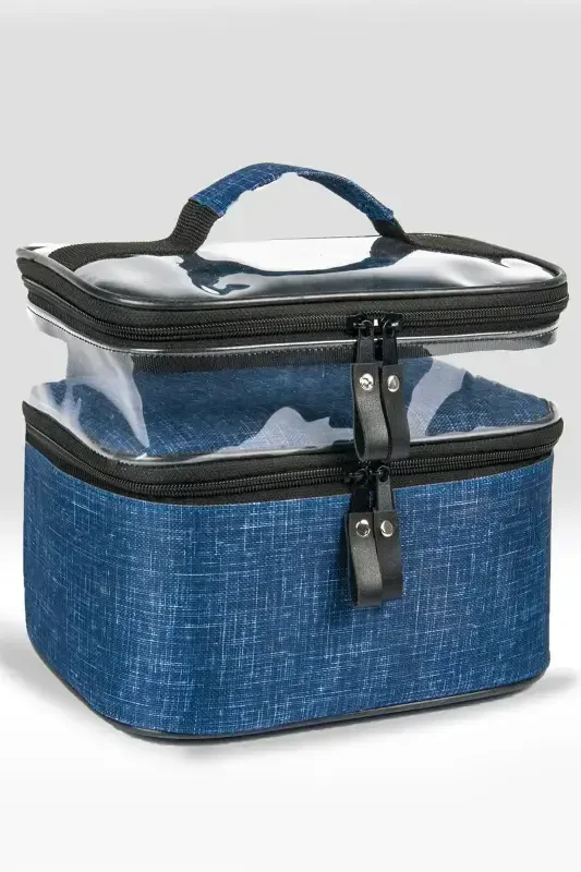 Makyaj Çantası Bavulu Seyahat Makyaj Seti Profesyonel Bölmeli Kozmetik Şeffaf Makyaj Çantası-mavi - ANKAFLEX