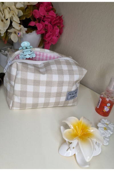 Makyaj Çantası Ekose Bej _Büyük Boy-bej 