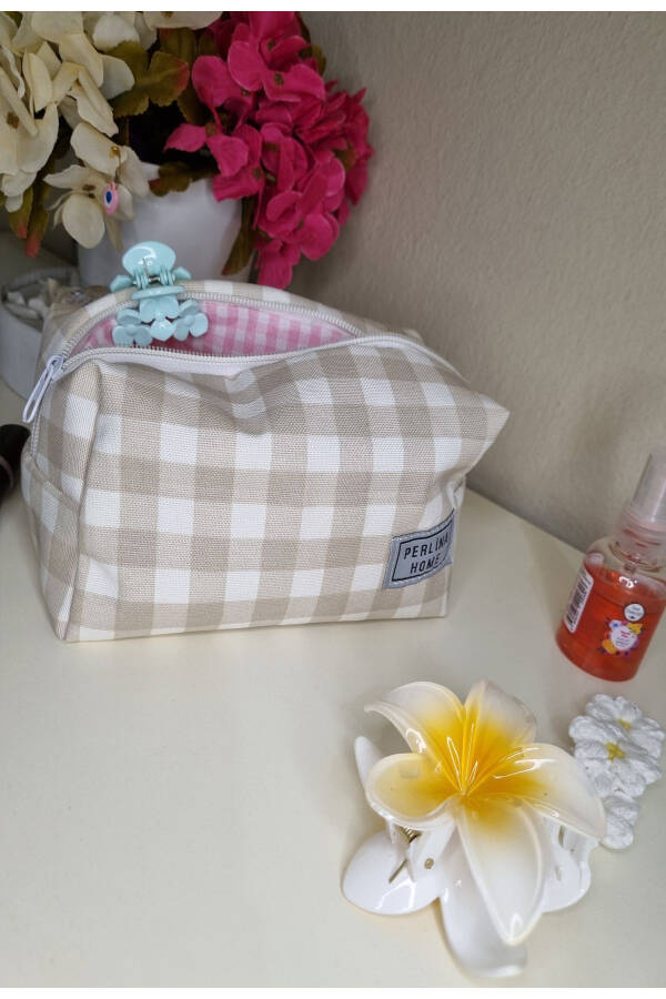 Makyaj Çantası Ekose Bej _Büyük Boy-bej - 1