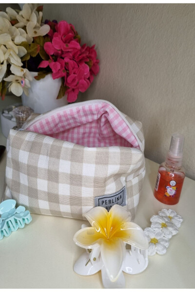 Makyaj Çantası Ekose Bej _Büyük Boy-bej - PERLINA HOME (1)
