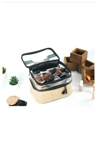 Makyaj Çantası Jüt 2 Şeffaf Bölmeli - 2 Bölmeli-Kahverengi - 4