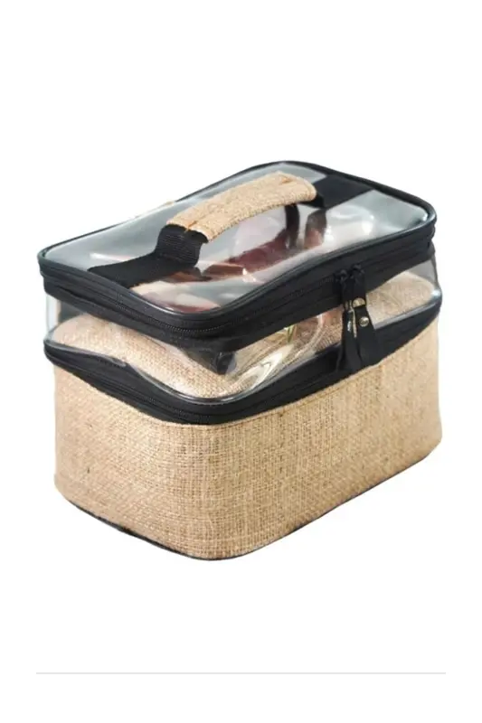 Makyaj Çantası Jüt 2 Şeffaf Bölmeli - 2 Bölmeli-Kahverengi - 1