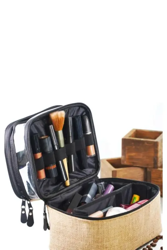 Makyaj Çantası Jüt 2 Şeffaf Bölmeli - 2 Bölmeli-Kahverengi - 2