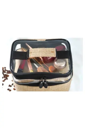 Makyaj Çantası Jüt 2 Şeffaf Bölmeli - 2 Bölmeli-Kahverengi - 7