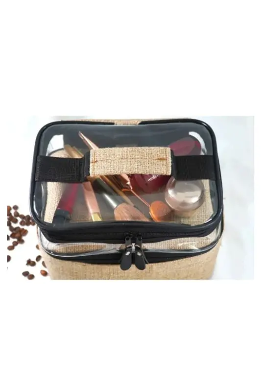 Makyaj Çantası Jüt 2 Şeffaf Bölmeli - 2 Bölmeli-Kahverengi - 7