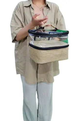 Makyaj Çantası Jüt 2 Şeffaf Bölmeli - 2 Bölmeli-Kahverengi - 8