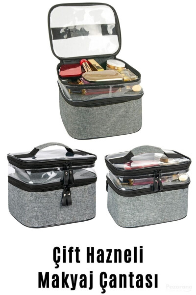 Makyaj Çantası Seyahat Kadın Bakım Çantası Çift Bölmeli Şeffaf Bölmeli Ankaflex Makyaj Çantası-GRİ - 4