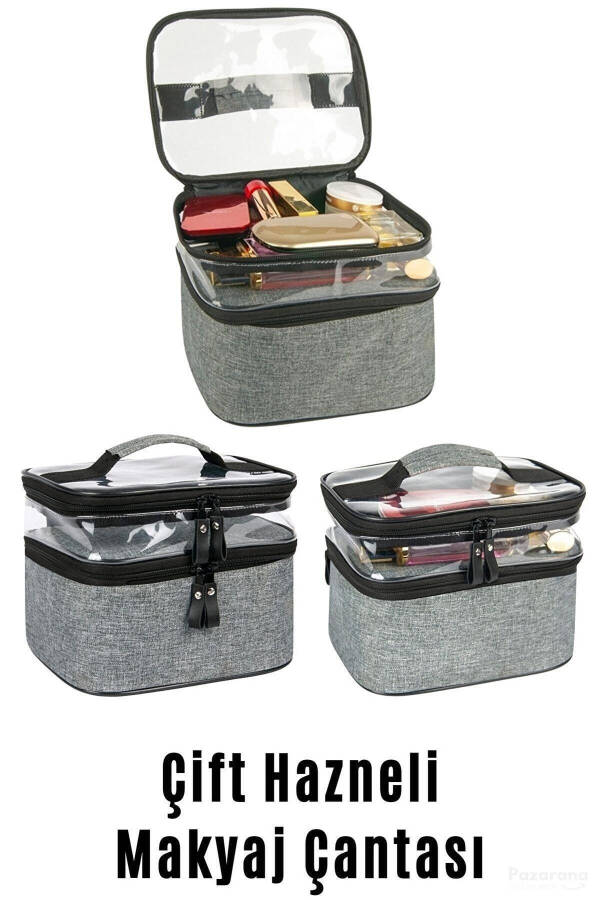 Makyaj Çantası Seyahat Kadın Bakım Çantası Çift Bölmeli Şeffaf Bölmeli Ankaflex Makyaj Çantası-GRİ - 4