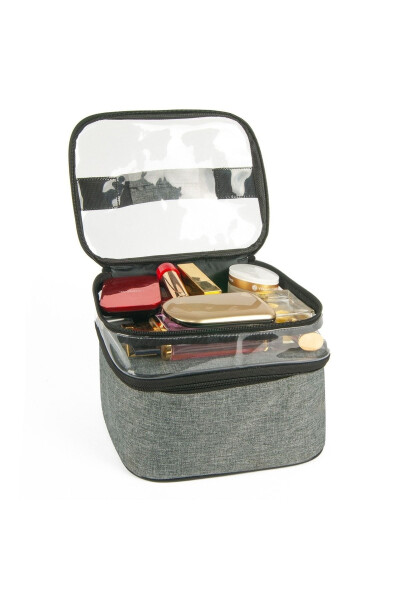 Makyaj Çantası Seyahat Kadın Bakım Çantası Çift Bölmeli Şeffaf Bölmeli Ankaflex Makyaj Çantası-GRİ - 6