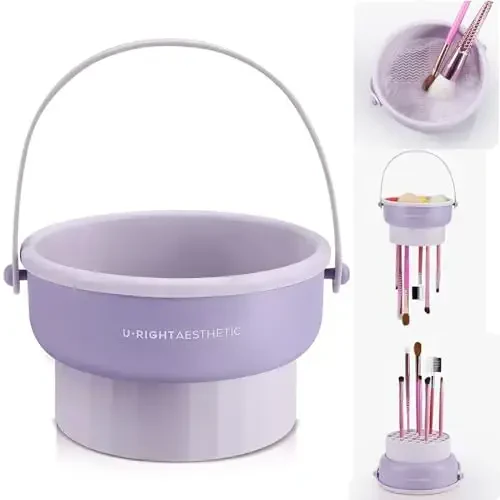 Makeup Brush Cleaner Mat 3 in 1 Silicone Makeup Brush Cleaner Bowl Cosmetic Brushes Cleaning Tool Organizer for Storage and Air Drying (Purple) 