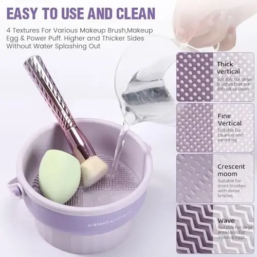Makeup Brush Cleaner Mat 3 in 1 Silicone Makeup Brush Cleaner Bowl Cosmetic Brushes Cleaning Tool Organizer for Storage and Air Drying (Purple) - 3