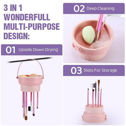 Makeup Brush Cleaner Mat 3 in 1 Silicone Makeup Brush Cleaner Bowl Cosmetic Brushes Cleaning Tool Organizer for Storage and Air Drying (Pink) - 2