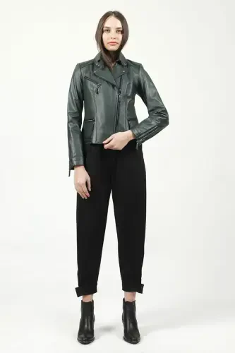 Malartic ayollar Slimfit haqiqiy charm kurtka yashil-YASHIL' - 4