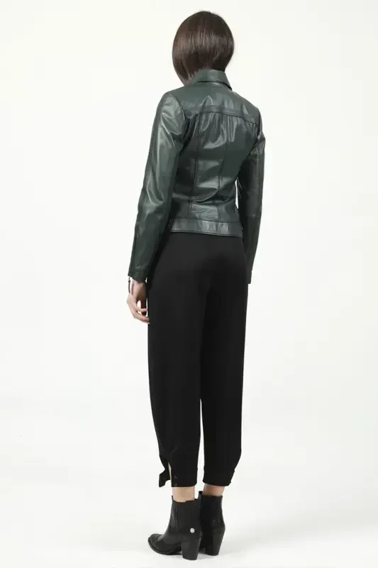 Malartic ayollar Slimfit haqiqiy charm kurtka yashil-YASHIL' - 6