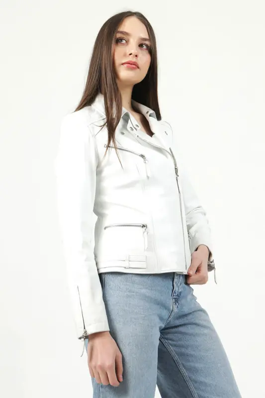 Malartic Kadın Slimfit Hakiki Deri Mont Beyaz-BEYAZ - DERICLUB