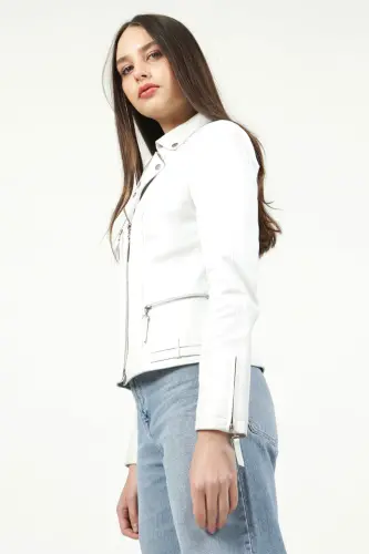 Malartic Kadın Slimfit Hakiki Deri Mont Beyaz-BEYAZ - 5