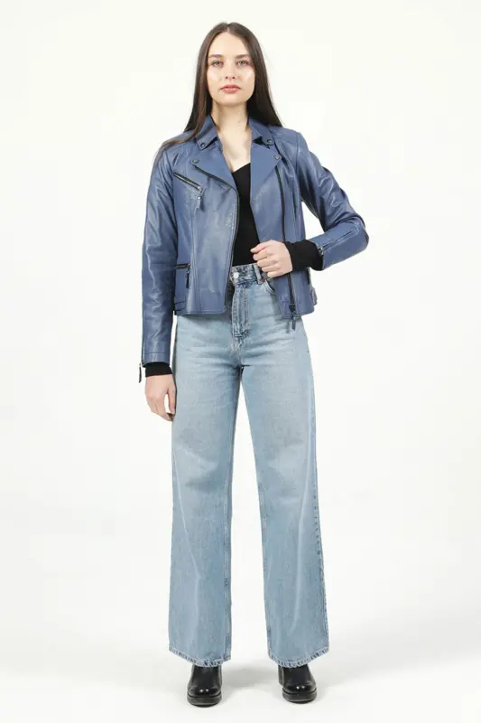 Malartic Kadın Slimfit Hakiki Deri Mont Mavi-MAVİ - 2