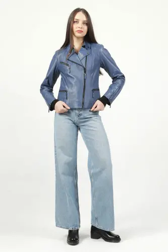 Malartic Kadın Slimfit Hakiki Deri Mont Mavi-MAVİ - 3