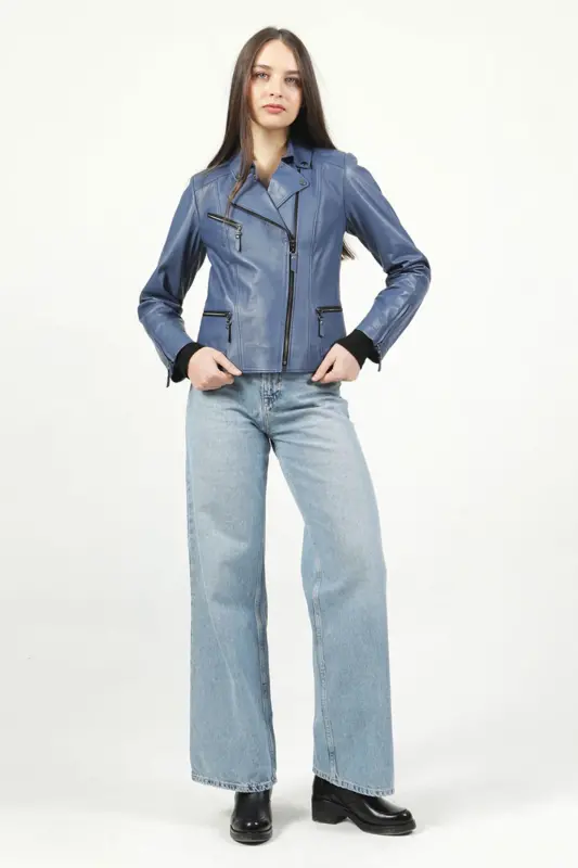 Malartic Kadın Slimfit Hakiki Deri Mont Mavi-MAVİ - 3