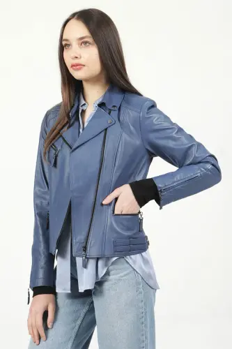 Malartic Kadın Slimfit Hakiki Deri Mont Mavi-MAVİ - 4