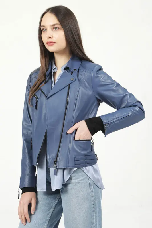 Malartic Kadın Slimfit Hakiki Deri Mont Mavi-MAVİ - 4