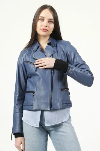 Malartic Kadın Slimfit Hakiki Deri Mont Mavi-MAVİ - 5