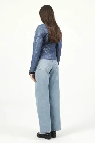 Malartic Kadın Slimfit Hakiki Deri Mont Mavi-MAVİ - 6