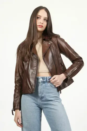 Malartic Women's Slimfit Genuine Leather Jacket Camel Antique-CAMEL ANTIQUE - 1