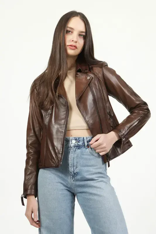 Malartic Women's Slimfit Genuine Leather Jacket Camel Antique-CAMEL ANTIQUE - 1