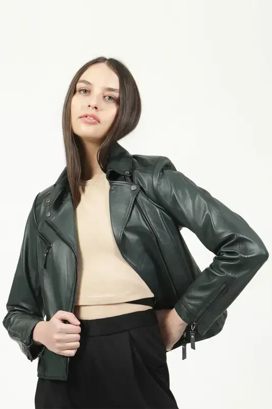Malartic Women's Slimfit Genuine Leather Jacket Green-GREEN' - DERICLUB