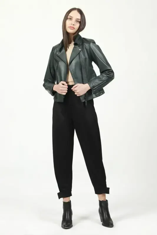 Malartic Women's Slimfit Genuine Leather Jacket Green-GREEN' - 2