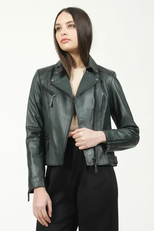 Malartic Women's Slimfit Genuine Leather Jacket Green-GREEN' - 3