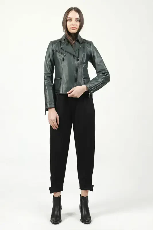 Malartic Women's Slimfit Genuine Leather Jacket Green-GREEN' - 4