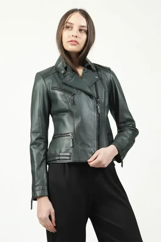 Malartic Women's Slimfit Genuine Leather Jacket Green-GREEN' - 5