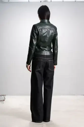 Malartic Women's Slimfit Genuine Leather Jacket Green-GREEN' - 8