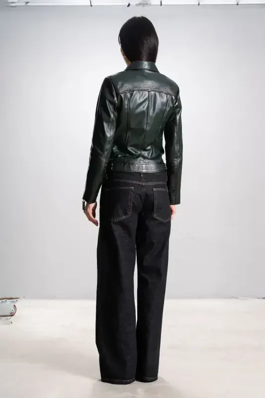 Malartic Women's Slimfit Genuine Leather Jacket Green-GREEN' - 8