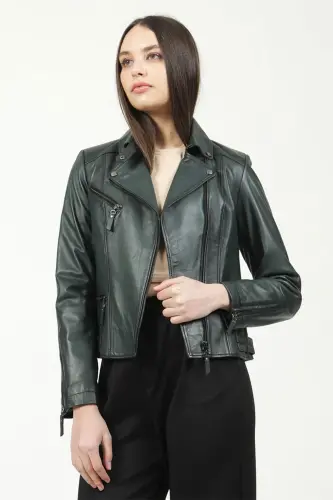 Malartic Women's Slimfit Genuine Leather Jacket Green - GREEN - 3
