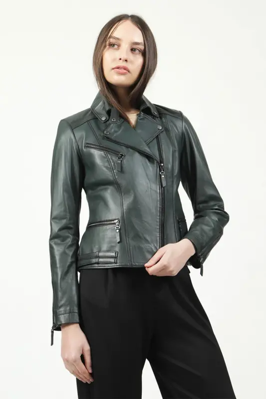 Malartic Women's Slimfit Genuine Leather Jacket Green - GREEN - 5