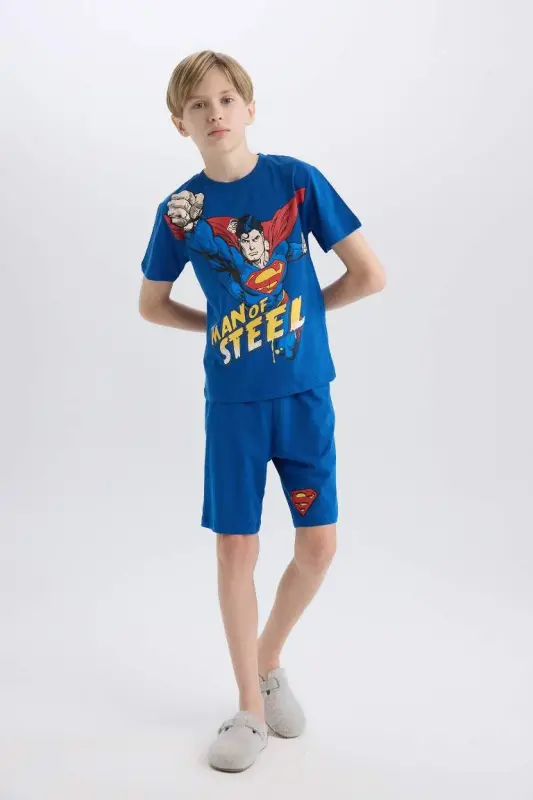 Эрkek Çocuk Superman Pijama Takımı Kısa Kollu Üst Şort-Koyu Mavi - 1