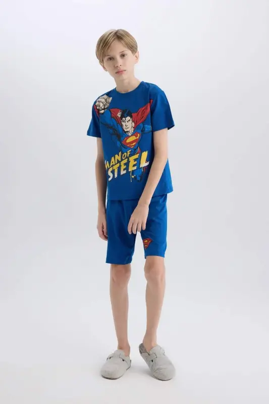 Эрkek Çocuk Superman Pijama Takımı Kısa Kollu Üst Şort-Koyu Mavi - 3