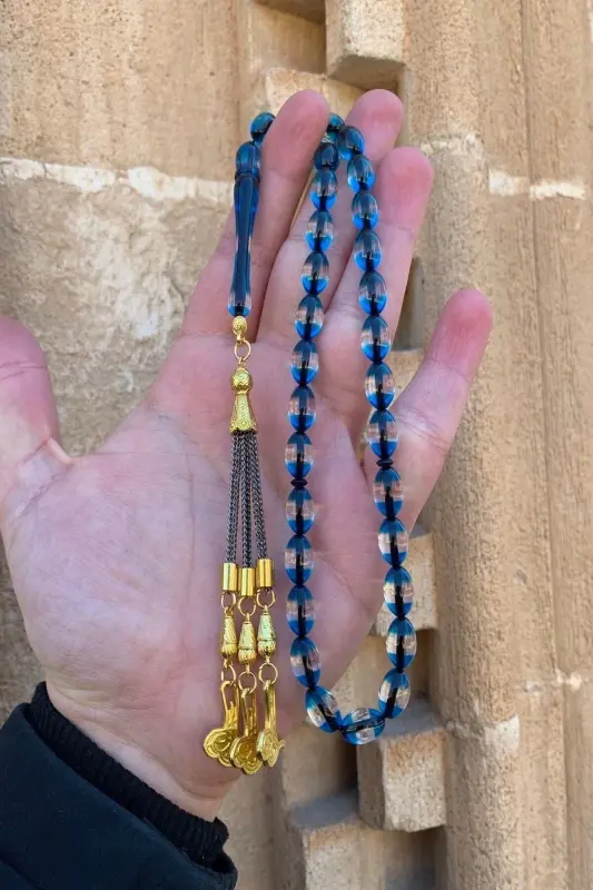 Male Blue Silver-Tassel Dust Amber Rosary-blue - 2