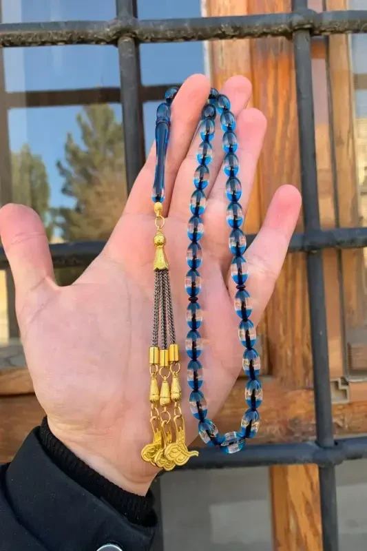 Male Blue Silver-Tassel Dust Amber Rosary-blue - 1