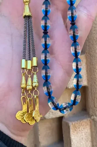 Male Blue Silver-Tassel Dust Amber Rosary-blue - 3