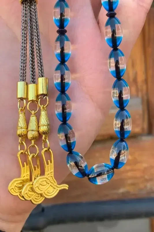 Male Blue Silver-Tassel Dust Amber Rosary-blue - 4