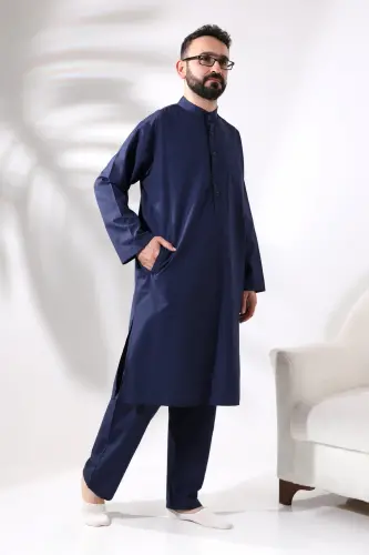 Male Hajj and Umrah Suit Two-Piece Afghan Set Navy Blue - IHVAN ONLINE (1)