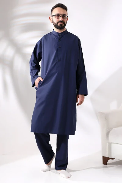 Male Hajj and Umrah Suit Two-Piece Afghan Set Navy Blue - 3