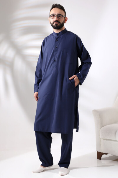 Male Hajj and Umrah Suit Two-Piece Afghan Set Navy Blue - 1