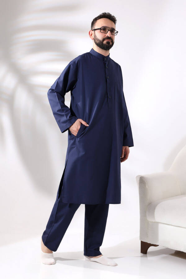 Male Hajj and Umrah Suit Two-Piece Afghan Set Navy Blue - 2