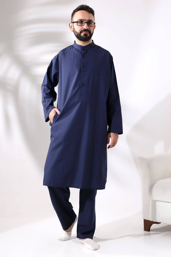 Male Hajj and Umrah Suit Two-Piece Afghan Set Navy Blue - 3